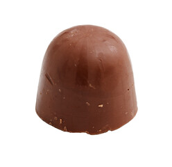 A chocolate covered candy is sitting on a white background