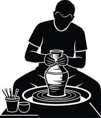 Silhouette vector of person crafting pottery on wheel