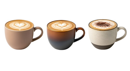 Three coffee cups with latte art and cappuccino topping on black image