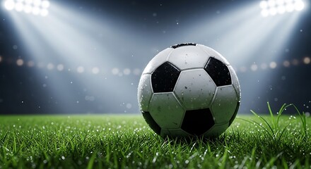 Soccer ball on green grass under stadium floodlights, focus on texture and detail, concept of competition and championship