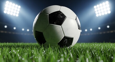 Soccer ball on green grass under stadium floodlights, focus on texture and detail, concept of competition and championship