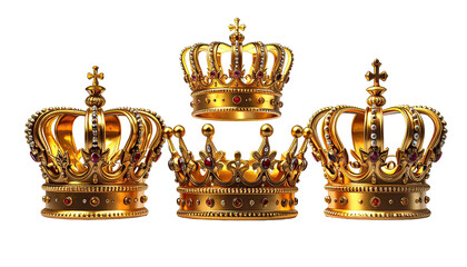 Four ornate golden crowns on a black background