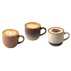 Three coffee cups with latte art and chocolate shavings on black cappuccino espresso