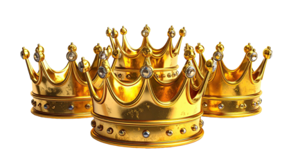 Three ornate gold crowns, embellished with jewels, close-up view