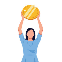 Fototapeta premium Woman holding a large gold coin raised above her head illustration.
