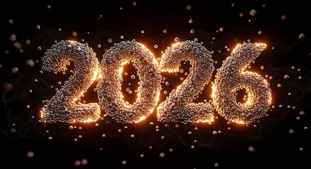 Fiery 2026 new year s eve celebration with glowing embers and falling snow against a dark background