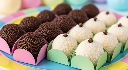 Brigadeiros and beijinhos on colorful dessert tray, close-up macro shot, celebration theme, pastel background