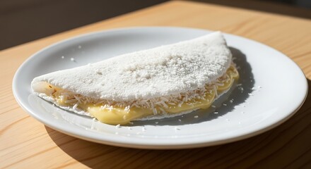 Tapioca crepe with cheese and coconut on white plate, minimal composition, bright daylight, authentic Brazilian breakfast