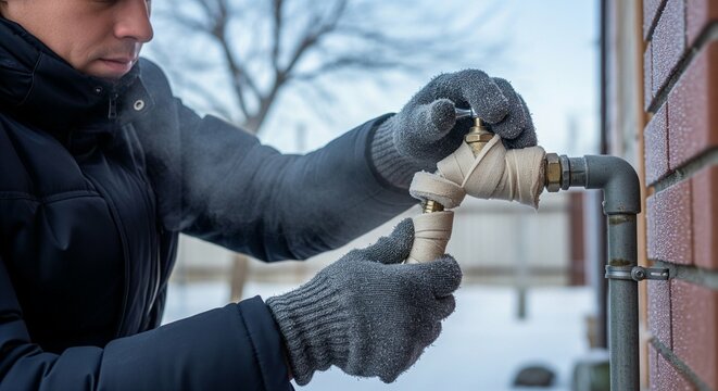 Wrapping outdoor faucets to prevent freezing, crisp cold environment