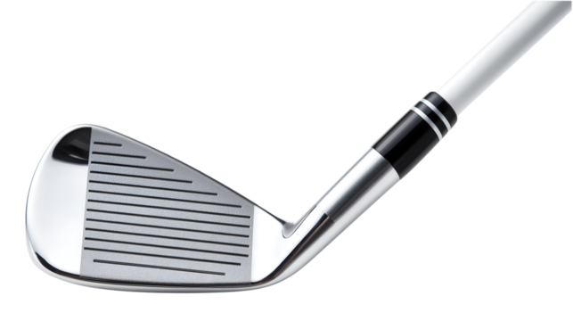 Close up of a silver golf club head with black lines and a white shaft on a black background