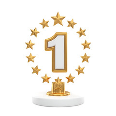 Gold number one award surrounded by stars on black background first place golden