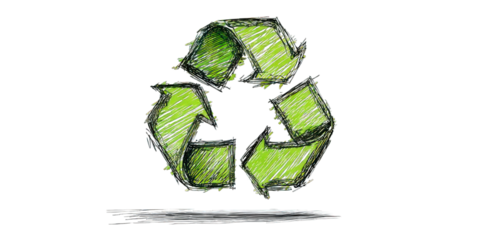 A green recycling symbol illustrated with a sketch effect, depicting the concept of sustainability and environmental awareness.