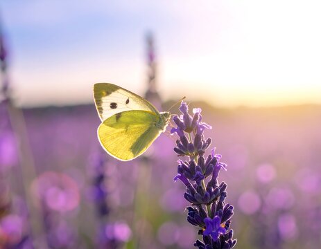 Delicate butterfly rests on lavender flower with sun-kissed, soft focus background