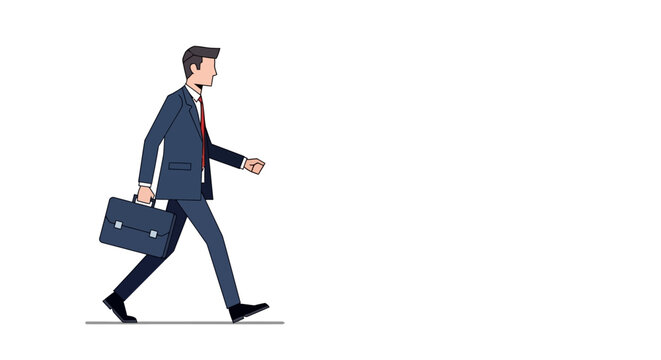 Dynamic illustration of a businessman in a blue suit confidently walking forward with briefcase