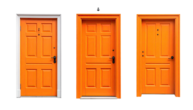 Trio of orange doors stand against dark background