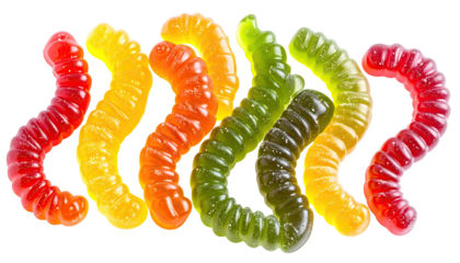 Rows of wavy gummy worms in rainbow colors on black background