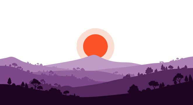Minimalist flat landscape with purple hills and rising sun creates peaceful atmosphere
