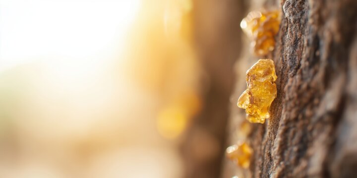 Close-up view of a Boswellia tree trunk with golden resin droplets glistening under warm sunlight in a desert environment. natural product, essential oil packaging, wellness campaigns, desert nature