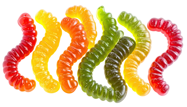 Rows of wavy gummy worms in rainbow colors on black background