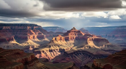 Stunning vista of a vast canyon under a dramatic, cloud-filled sky with sunbeams