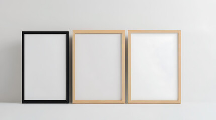 Three frames of different colors, black and two natural wood, standing on a white surface against a white wall. All the frames are portrait orientation.