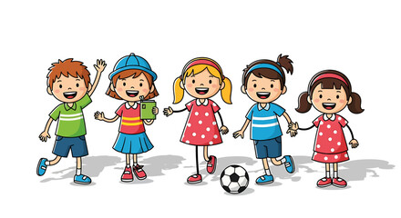 Diverse Group of Happy Cartoon Children Standing Together with a Soccer Ball Illustration