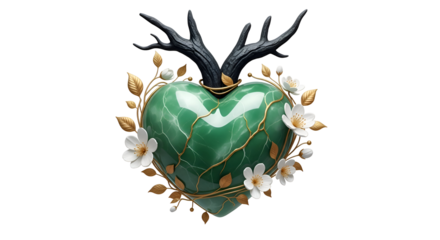 Green heart with gold vines white flowers and dark branches image