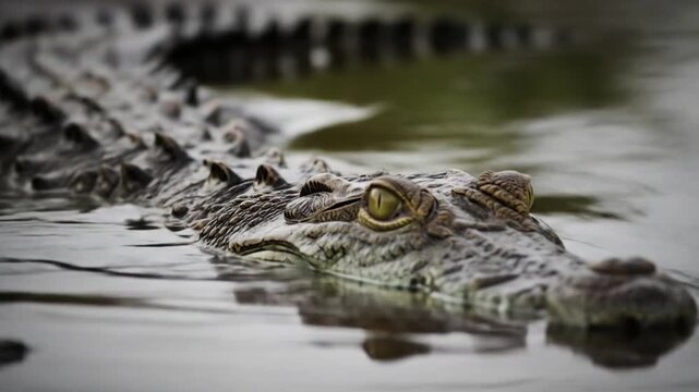 Close-up of a crocodile swimming in murky water.