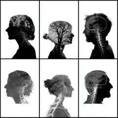 Mindscapes: A black and white collage, where each silhouette's form intricately merges with elements of nature and the human body, creating thought-provoking visuals.