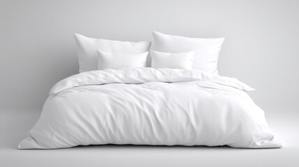 A comfortable white bed is set against a minimalist backdrop, featuring soft, fluffy pillows and a cozy duvet. This serene setup invites relaxation and tranquility