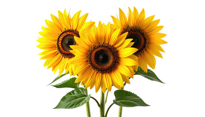 Fototapeta premium Three sunflowers with yellow petals on black background