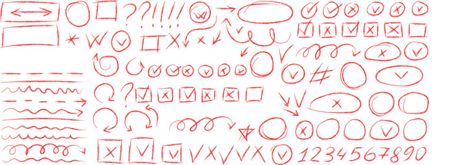 Hand drawn red highlights, underlines and emphasis crayon elements. Red pen check marks, ovals and school notebook vector shapes for hand drawn notes. Checkered paper sheet.