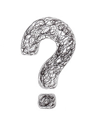 Black question mark painted with brush strokes. Hand-drawn doodle icon