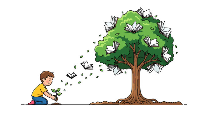 Child Planting Seed Leading to Knowledge Tree with Flying Books Illustration