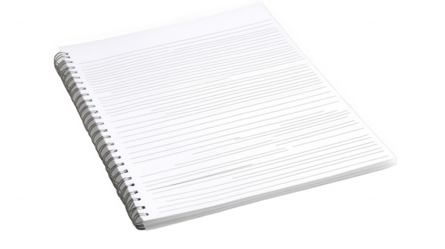 Blank lined notebook with spiral binding ready for notes and creative writing on transparent background