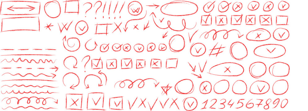 Hand drawn red highlights, underlines and emphasis crayon elements. Red pen check marks, ovals and school notebook vector shapes for hand drawn notes. Checkered paper sheet.