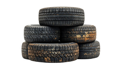 Stack of six used, weathered, worn black car tires