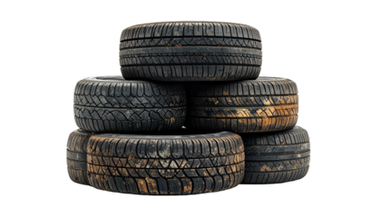 Stack of six used, weathered, worn black car tires