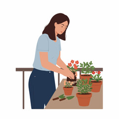 Flat Illustration Woman Gardening in Balcony with Flower Pot Hobby