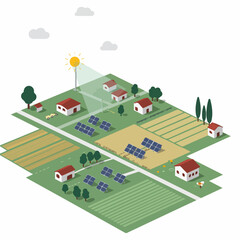 Fototapeta premium Isometric Detailed Solar Panel Powered Village Farm Land Illustration