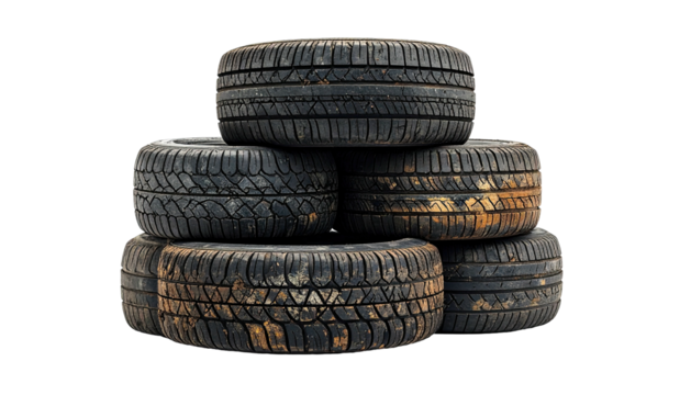 Stack of six used, weathered, worn black car tires