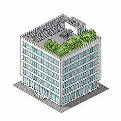 Isometric Detailed Sustainable Building Architecture with Solar Panel and Green Roof Illustration