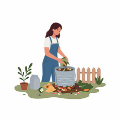 Flat Illustration Woman Composting Food Waste in Garden Container Concept