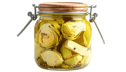 Artichoke halves pickled inside clear, hinged jar