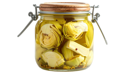 Artichoke halves pickled inside clear, hinged jar