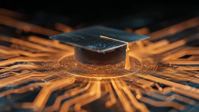 Macro shot of a graduation cap perched on a glowing spark-emitting ringed metallic surface gleaming