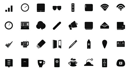 Modern Black Flat Design Icon Set. Vector Collection of Business, Office, Communication, Technology, and Everyday Essentials Symbols