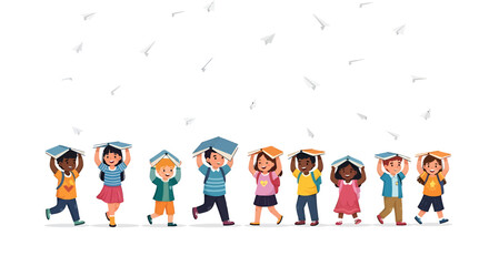 Fototapeta premium Diverse Group of Happy Elementary School Children Walking with Books on Their Heads