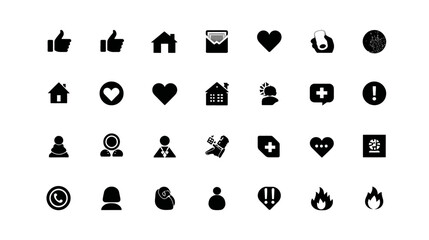 Modern Black Silhouette Icon Set for Web, Social Media & Digital Interface. UI/UX Elements for Communication & Engagement.