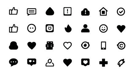 Modern black and white set of UI/UX icons for social media, mobile apps, web design, notifications, likes, and digital interactions.